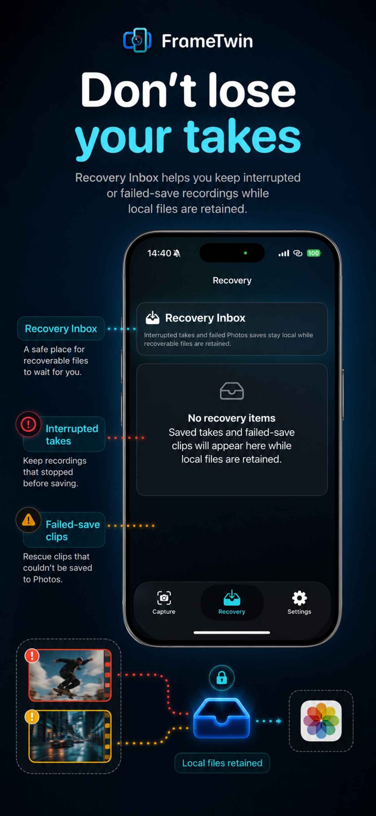 FrameTwin App Store poster showing recovery inbox and local files retained after interrupted takes.