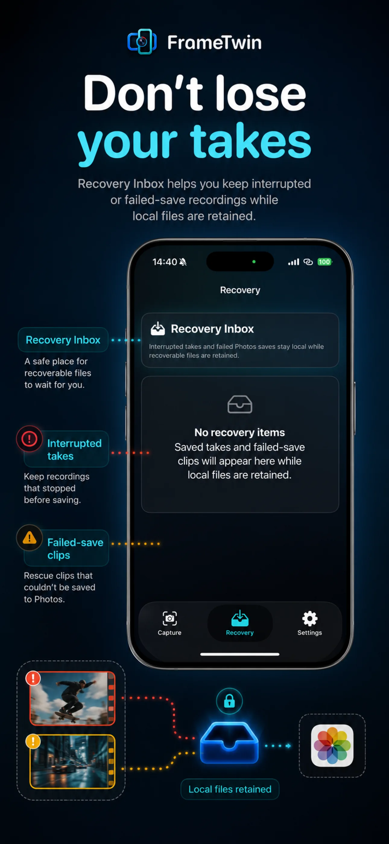FrameTwin App Store poster showing recovery inbox and local files retained after interrupted takes.