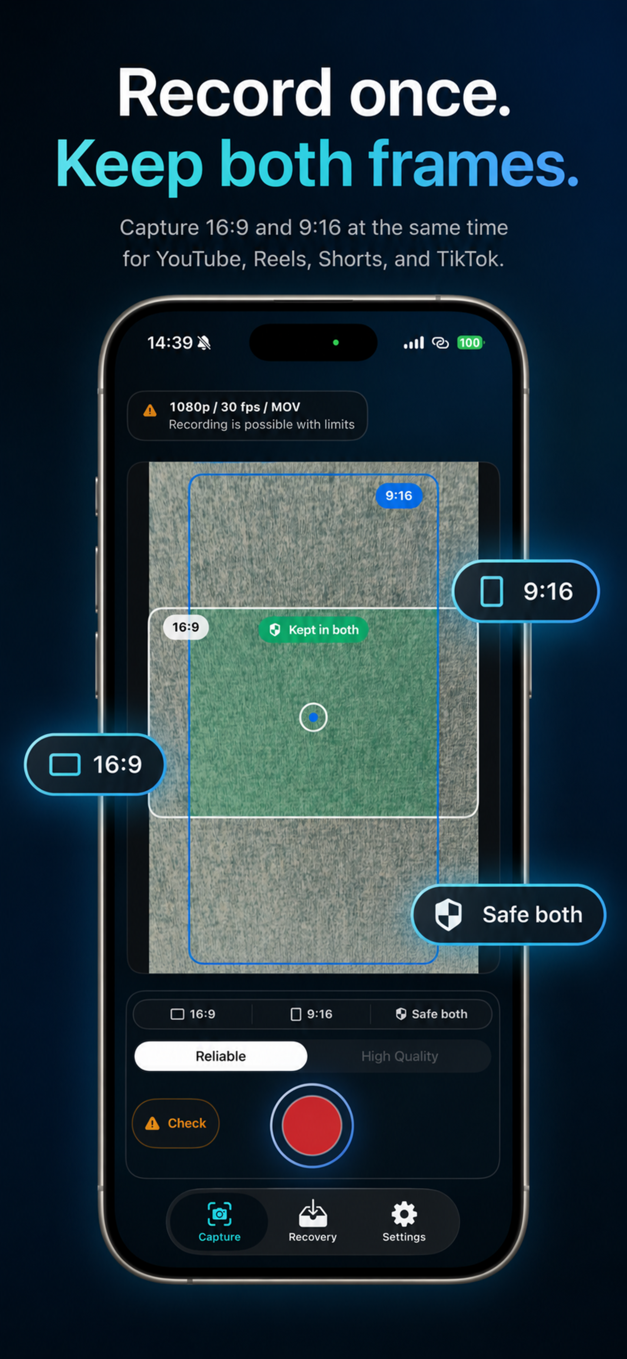 FrameTwin App Store poster with an iPhone and labels for 16:9 and 9:16 outputs from one take.