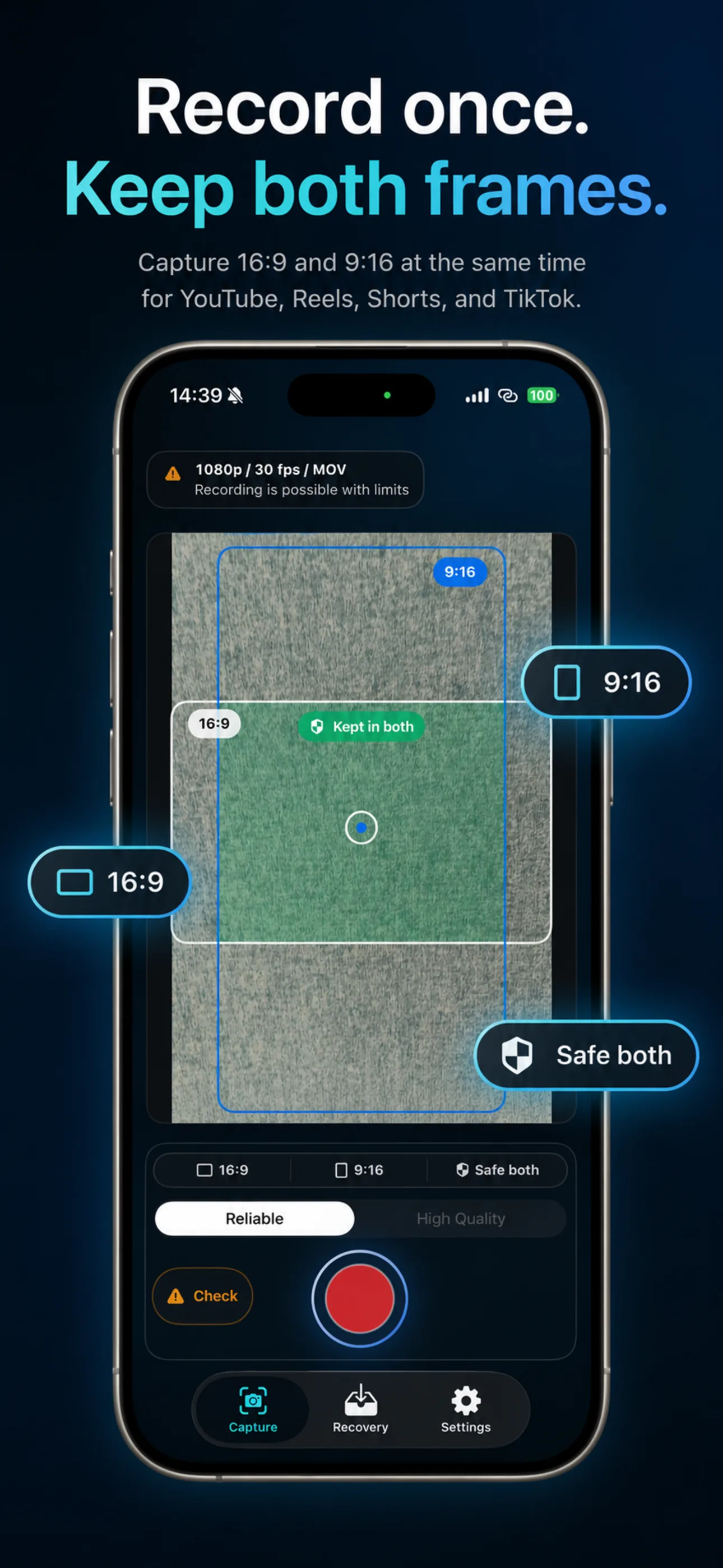 FrameTwin App Store poster with an iPhone and labels for 16:9 and 9:16 outputs from one take.