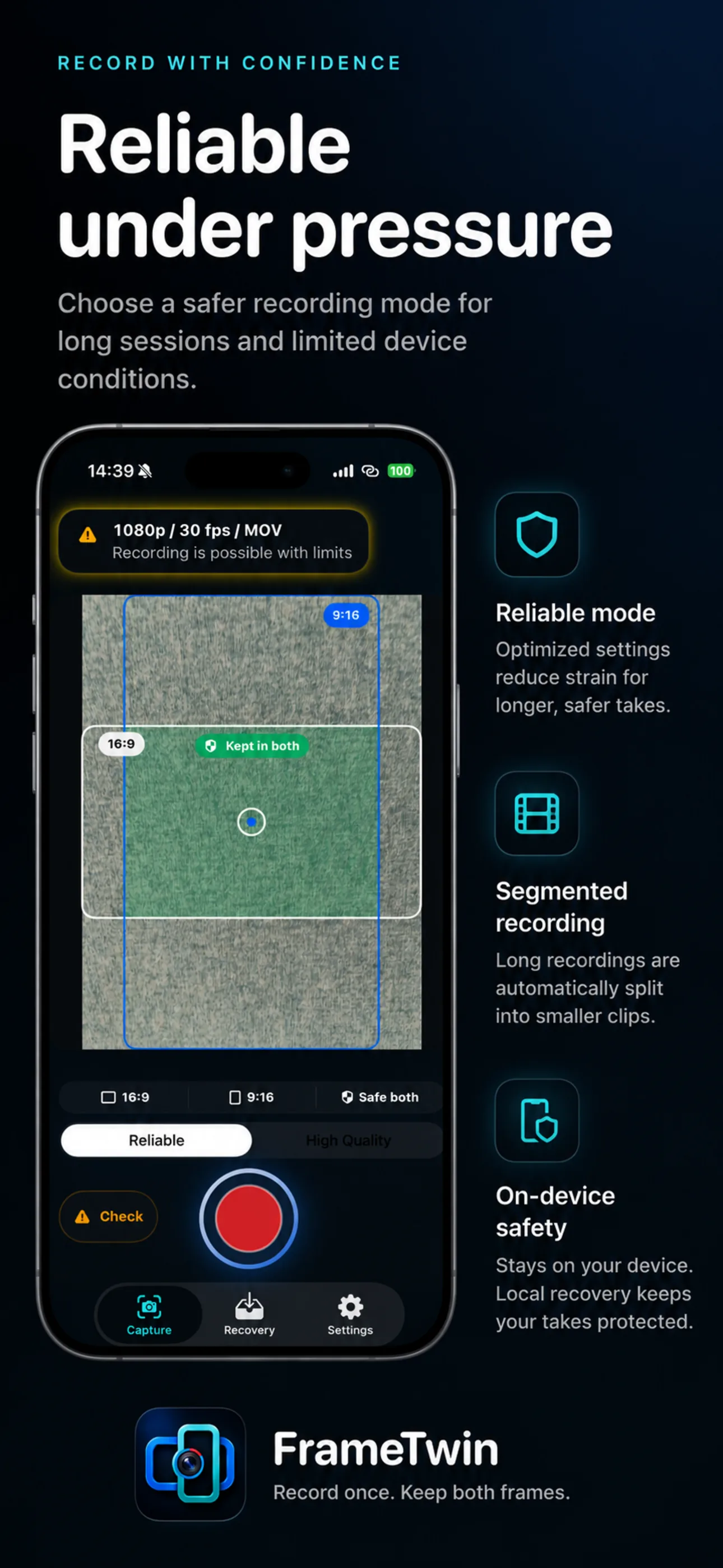 FrameTwin App Store poster explaining reliable recording under pressure with preflight, segmented recording, and on-device safety.