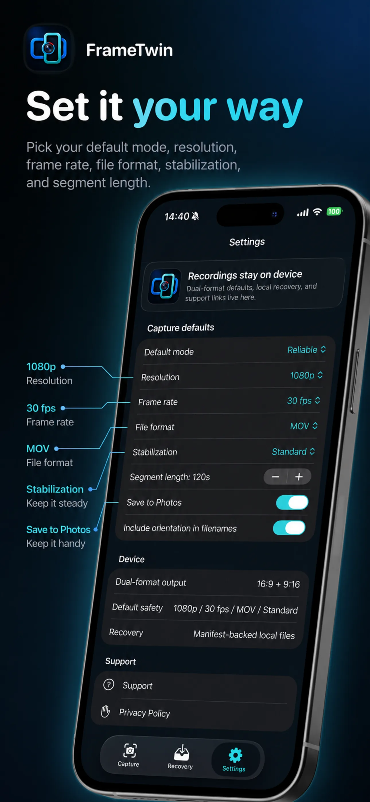 FrameTwin settings poster showing capture defaults, resolution, frame rate, file format, and save preferences.